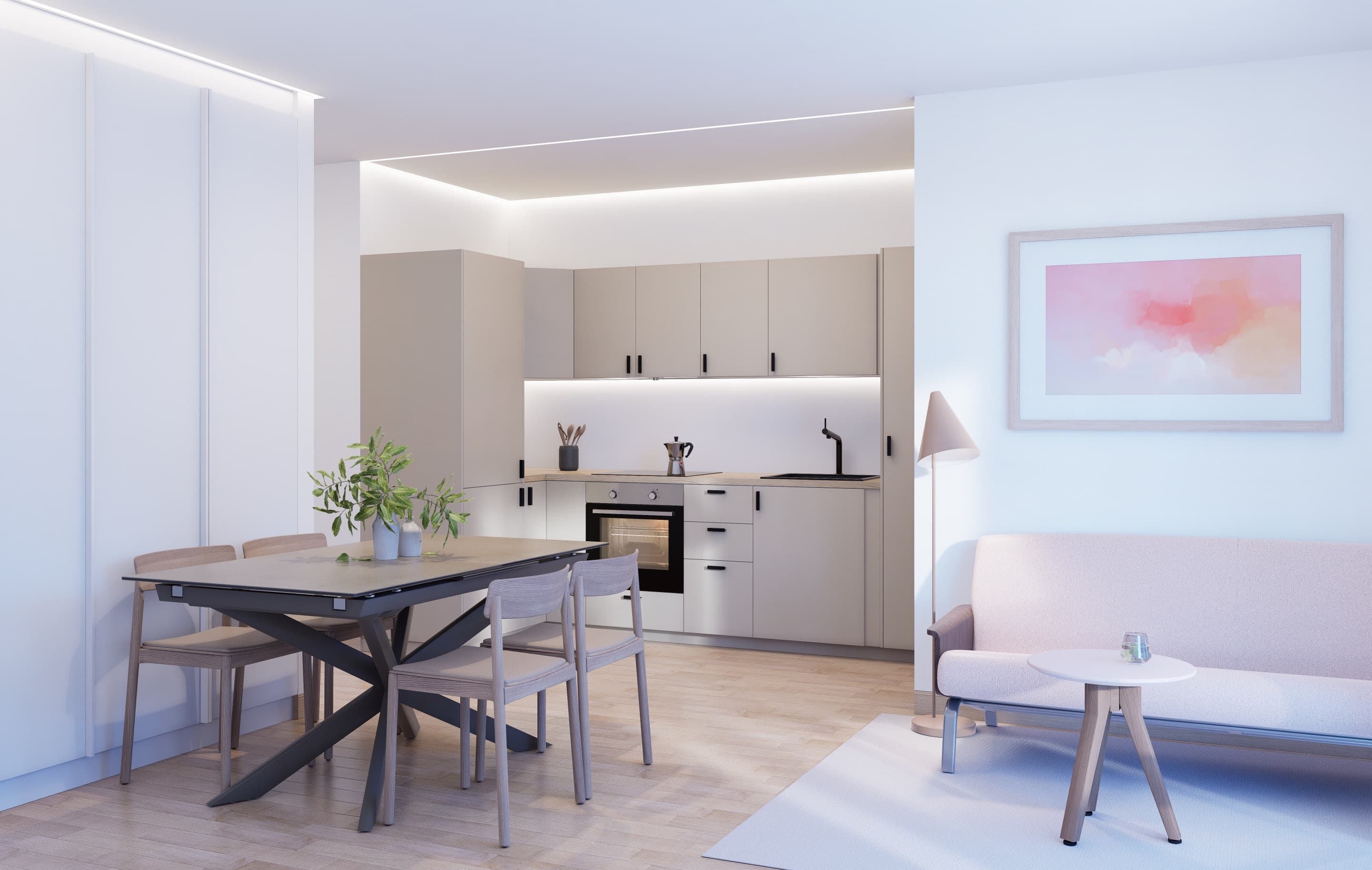 Salón y cocina de una vivienda de Casa Condesa